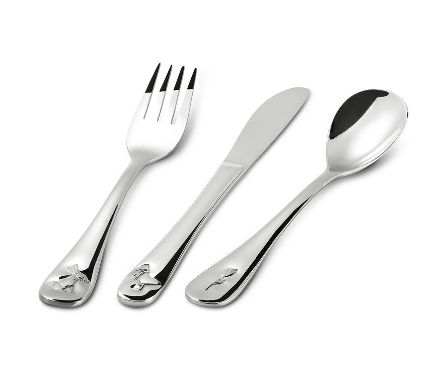 3 parçalı çocuk çatal bıçak takımı, gümüş renginde, hayvan ve çiçek desenli.