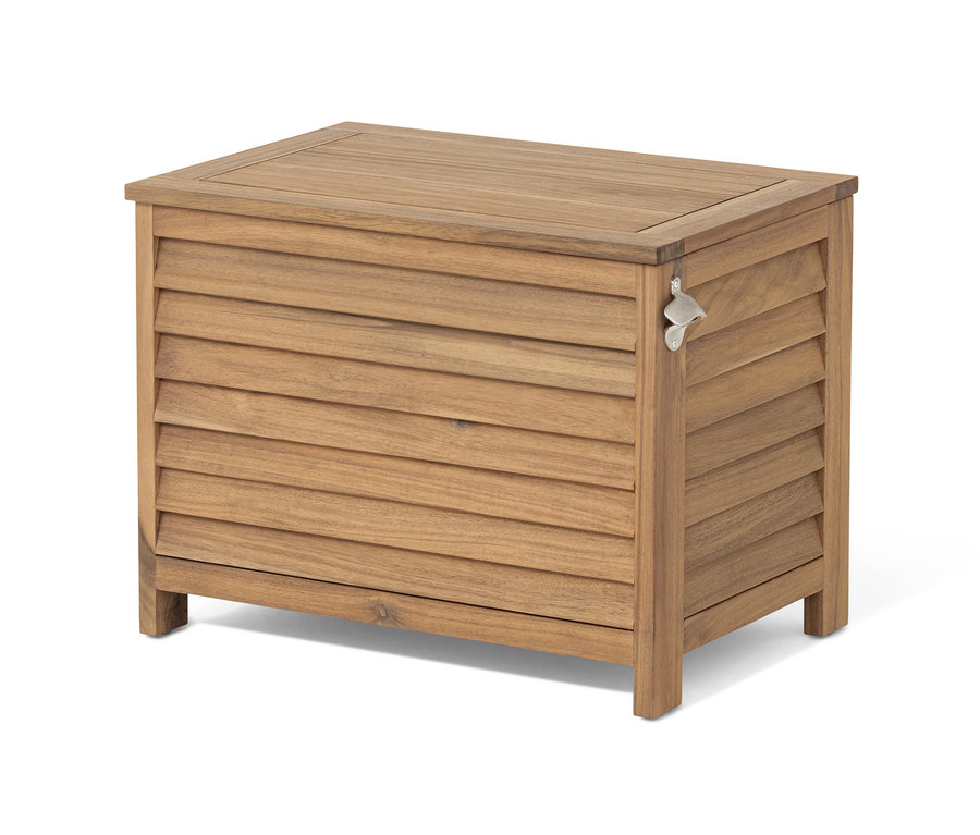 Kahverengi ahşaptan yapılmış, açacaklı dekoratif soğuk tutma kutusu.