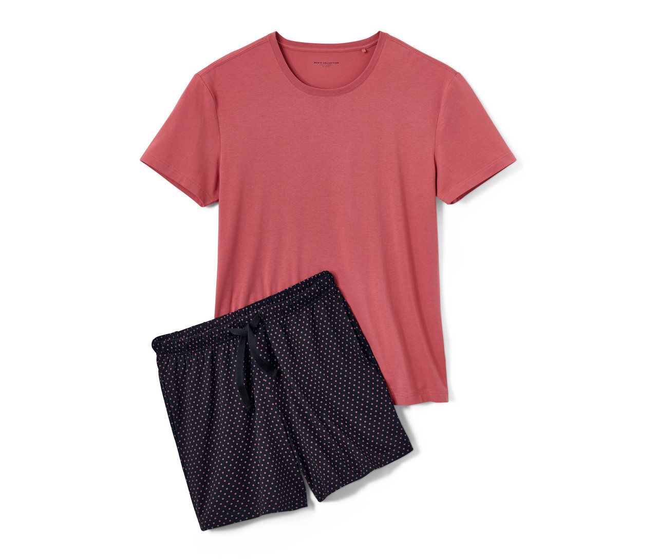 Modal İçerikli Şortlu Pijama Takımı: mercan rengi tişört ve lacivert puantiyeli şort.