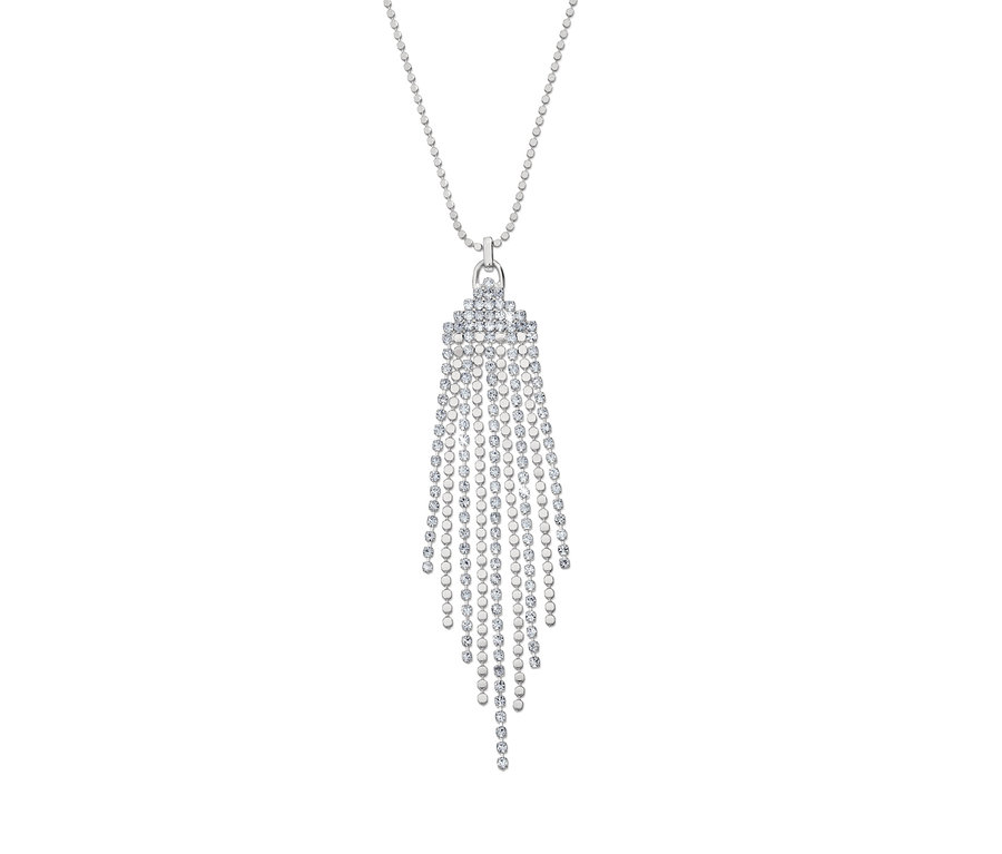 Gümüş rengi, küçük taşlardan püskül şeklinde kolye ucu olan Kolye Sparkle Fringes