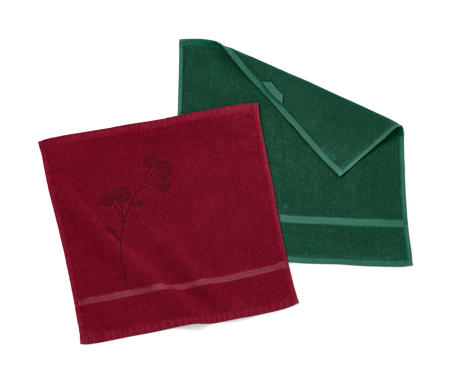 Biri bordo çiçek desenli, diğeri yeşil olmak üzere iki adet mutfak havlusu.