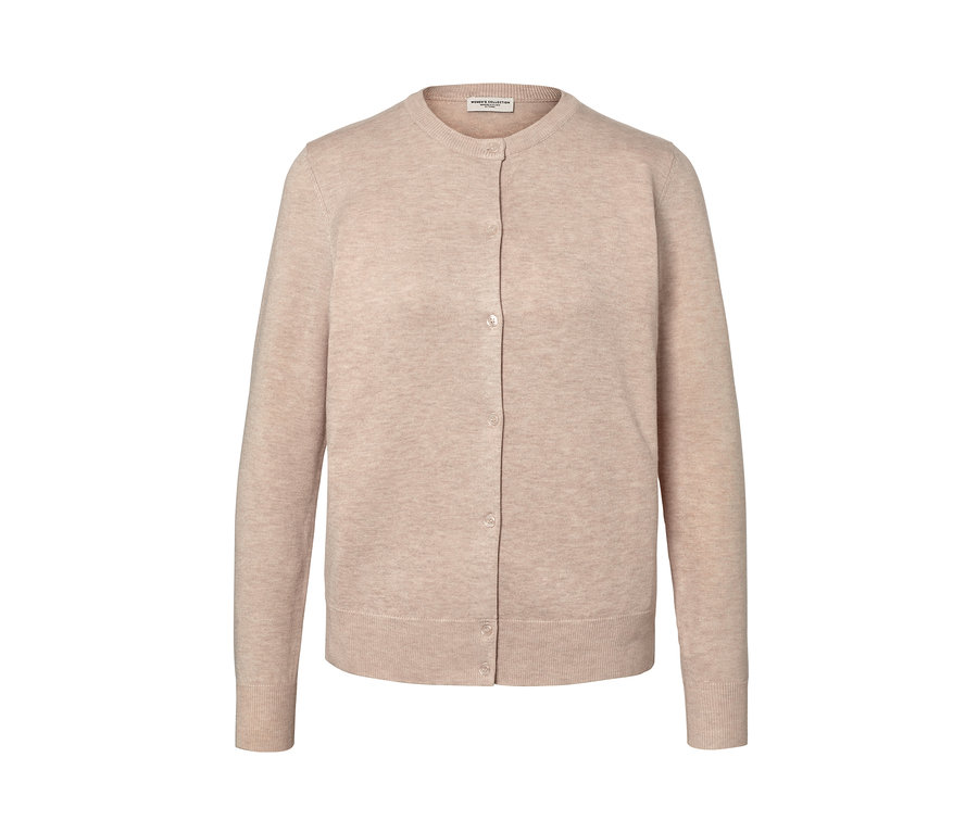 Düğmeli, açık kahverengi, ince örgü hırka.