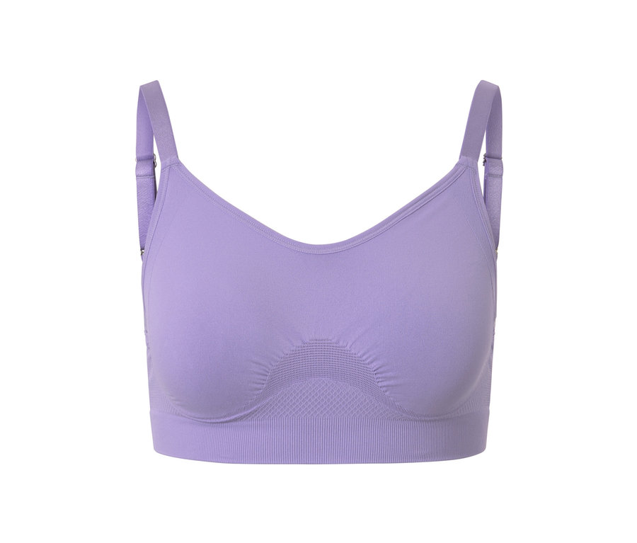 Lila dikişsiz bir spor sütyeni.