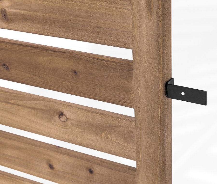 Saksı kutuları ve siyah metal braketi olan »Tinus« esnek paravanın detayı.