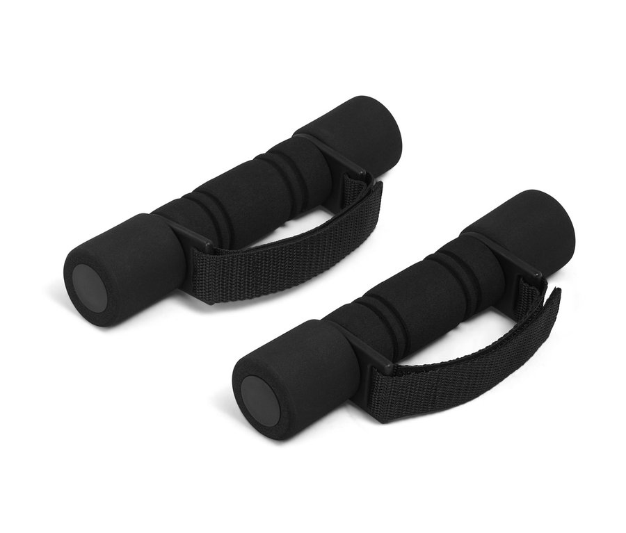 İki adet siyah koşu ve jimnastik dambılı beyaz bir arka plan üzerinde duruyor.