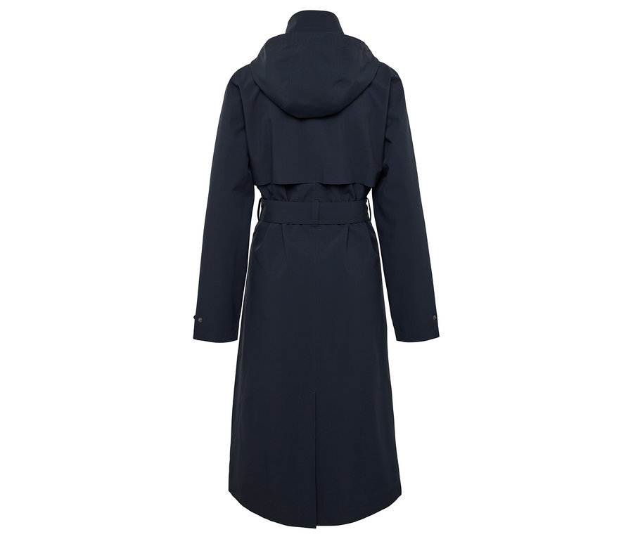 Arkadan görünümü lacivert kapüşonlu ve kemerli palto