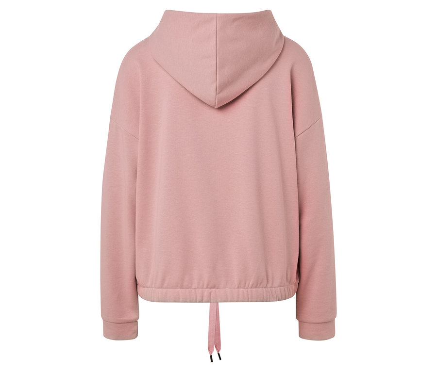 İpli, pembe kapüşonlu bir sweatshirt'ün arka görünümü.
