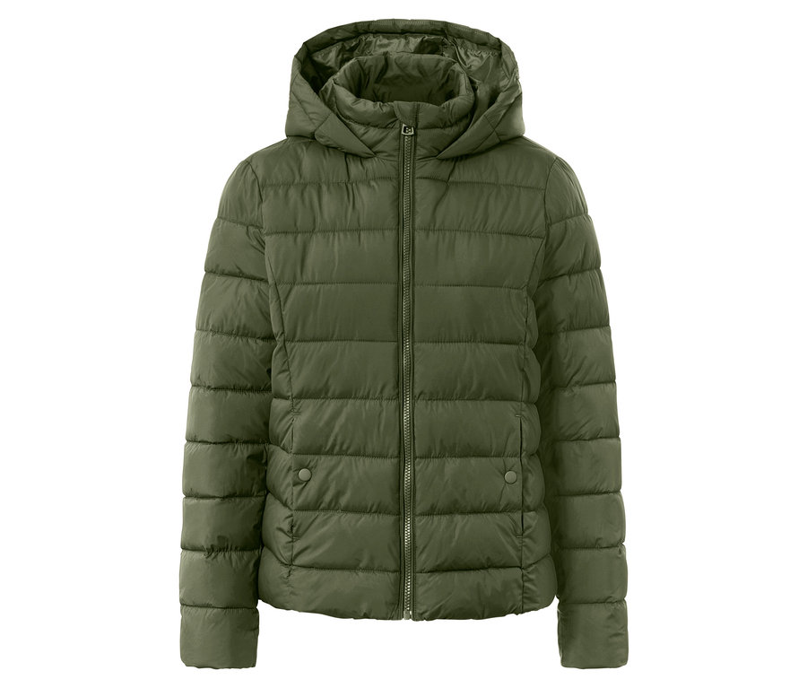 Yeşil kapüşonlu, fermuarlı, kapitone ceket.