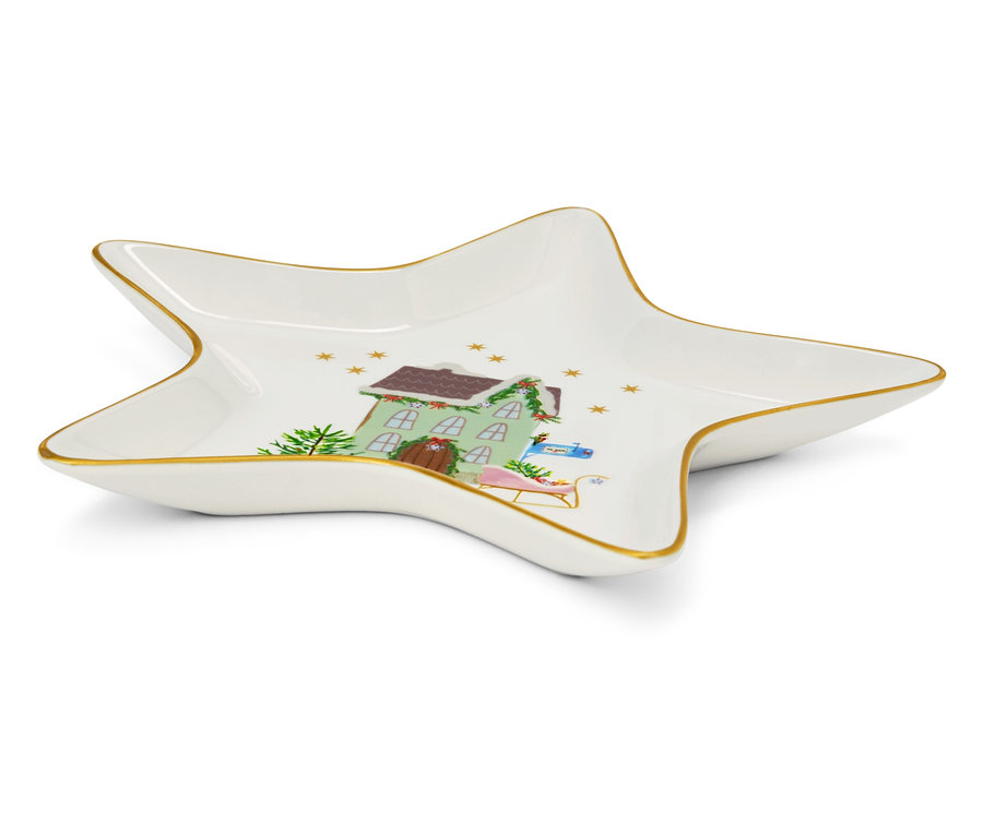 Yıldız şeklinde, ev, ağaç ve kızak Noel motifi olan dekoratif kase.