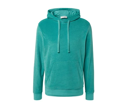 Kanguru cepli yeşil havlu kumaş kapüşonlu sweatshirt.