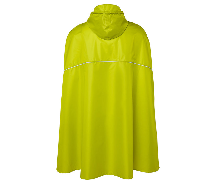 Kapüşonlu ve reflektörlü şeridi olan sarı bir yağmurluk arkadan görünümü.