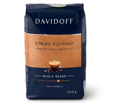 Bir paket Davidoff Crema Elegant kahve çekirdekleri.