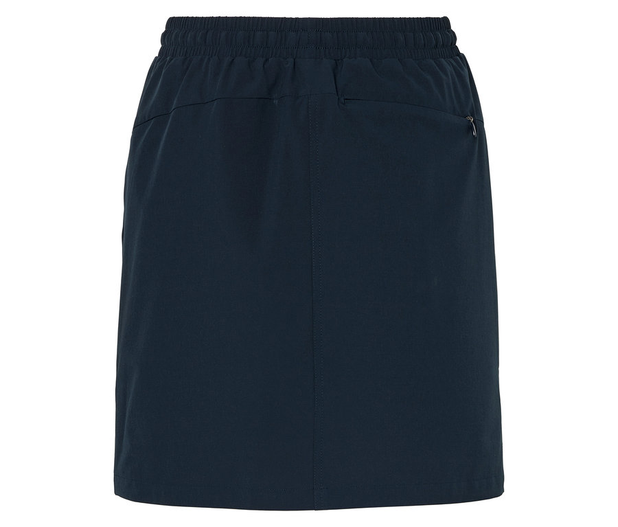 Elastik belli, koyu lacivert renkli bir eteğin arka görünümü.