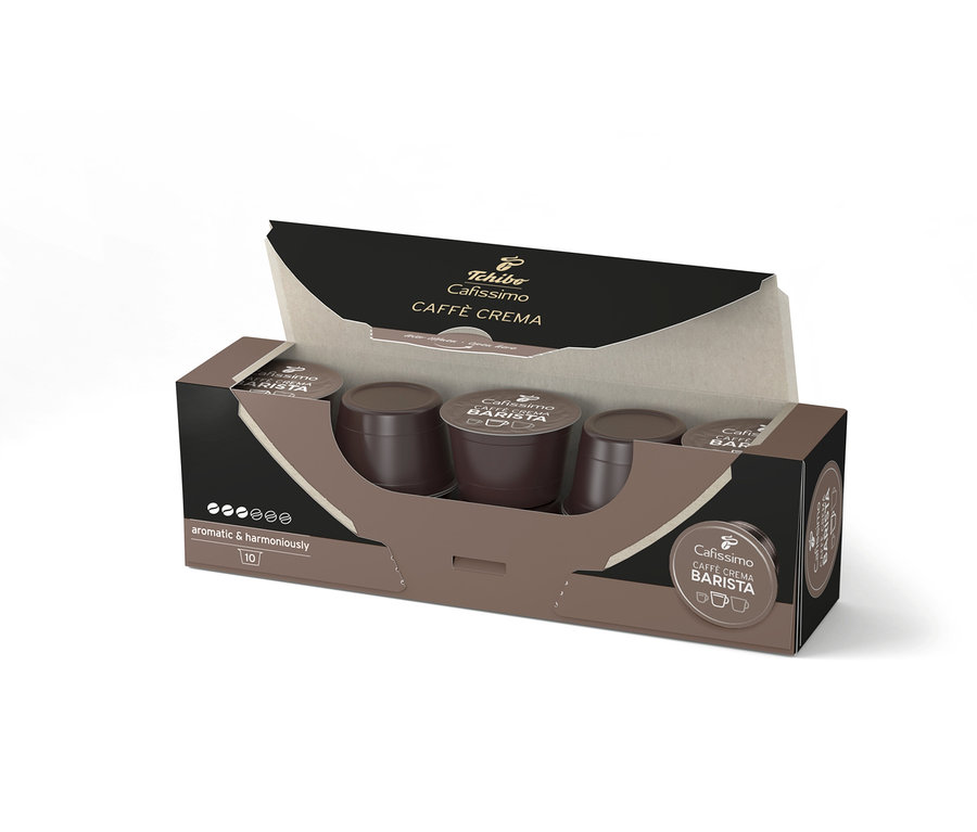 Açık bir paket Cafissimo BARISTA Caffè Crema kapsülü, 10 adet görünürde.