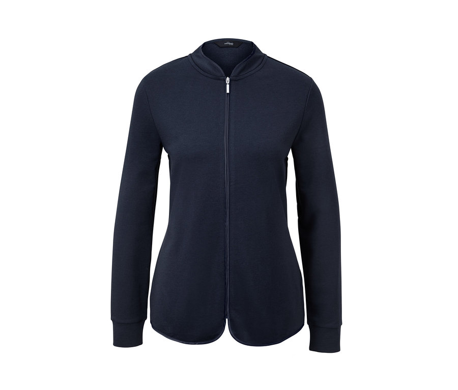 Lacivert, fermuarlı organik pamuklu ev eşofmanı.