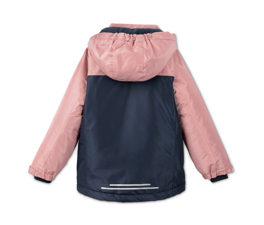 Pembe ve lacivert renklerde kapüşonlu kız çocuk kayak montunun arka görünümü.