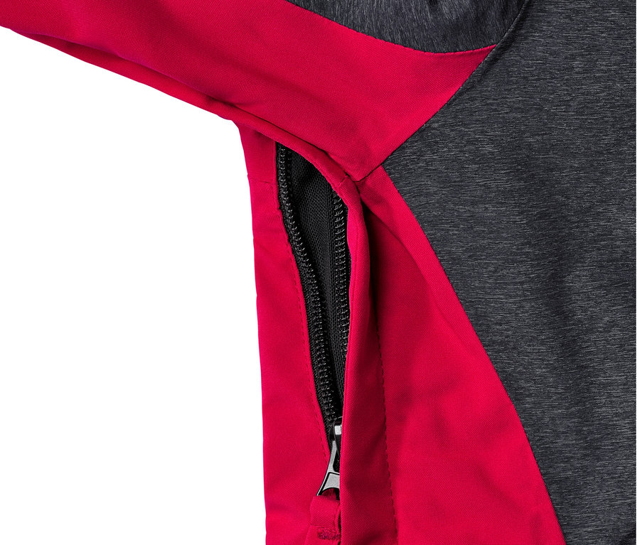 Yan tarafında fermuarı açılmış, gri ve kırmızı High-End Kayak Montu detayı.