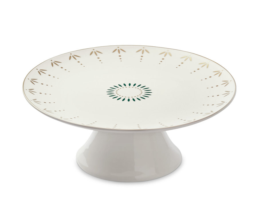Beyaz ayaklı ve dekoratif desenli servis tabağı.