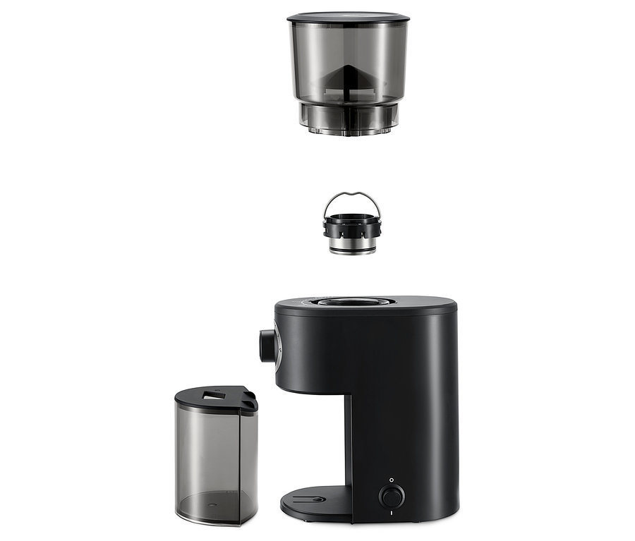 Sökülebilir parçaları olan siyah bir elektrikli kahve değirmeni.