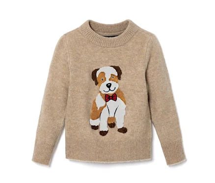 Bej rengi, köpek aplikeli, kırmızı papyonlu küçük çocuk örgü kazağı.