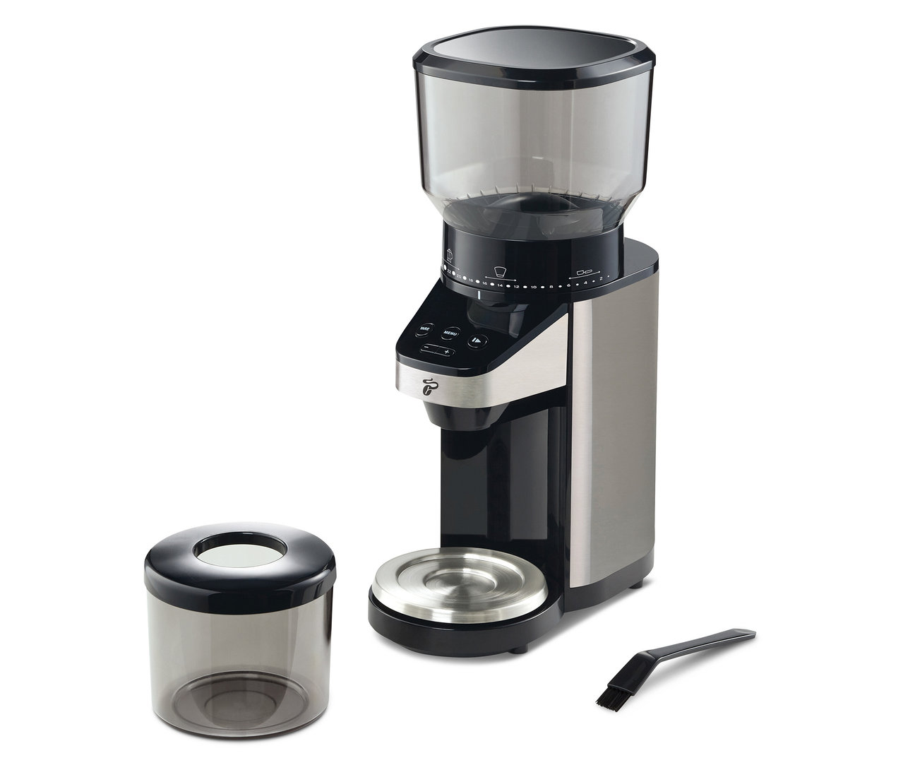 Tartılı, elektrikli kahve değirmeni; öğütülmüş kahve haznesi ve temizleme fırçasıyla birlikte.