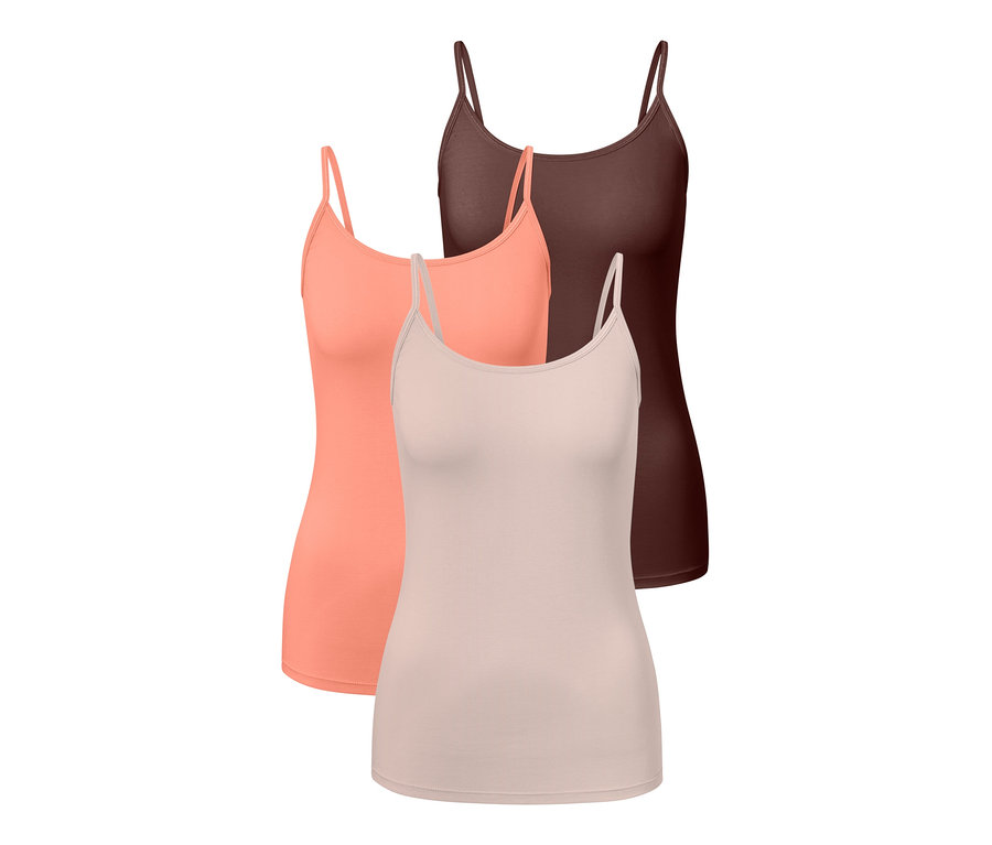 Mercan, krem ve kahverengi renklerde üç adet atlet.