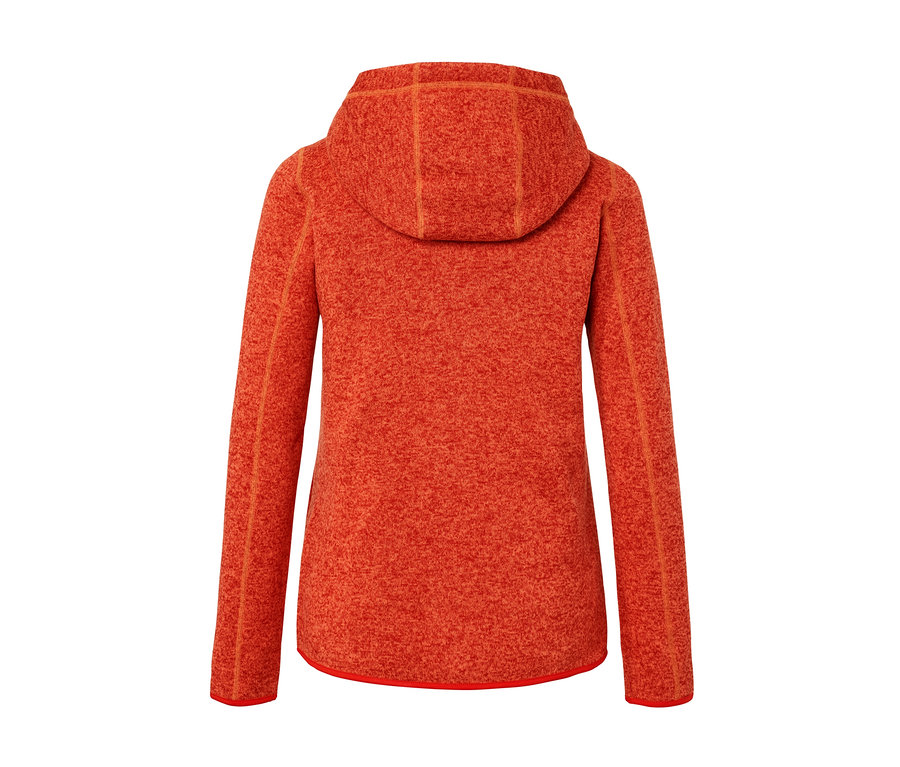 Kırçıllı turuncu kapüşonlu örgü polar ceketin arka görünümü