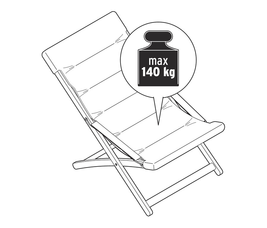 Maksimum 140 kg ağırlığa sahip katlanabilir bir dinlenme koltuğunun çizimi.