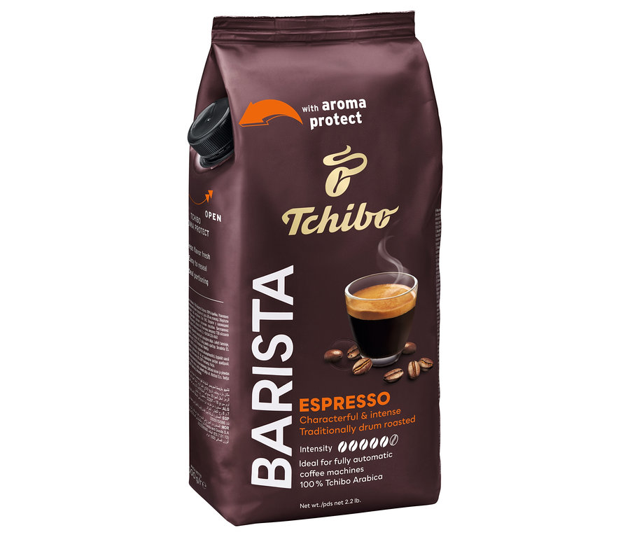 Kahve çekirdekleri ve bir fincan espresso resmi olan kahverengi Barista Espresso kahve paketi.
