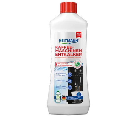 Kırmızı kapaklı beyaz HEITMANN Kahve Makinesi Kireç Sökücü şişesi.