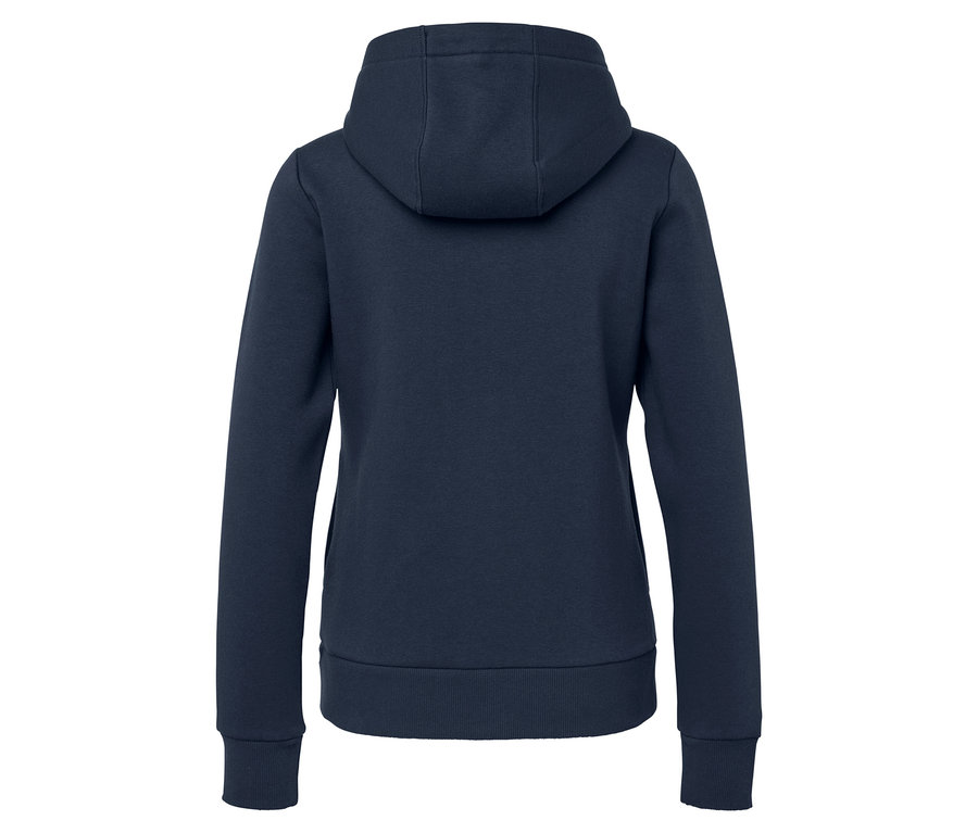 Koyu mavi kapüşonlu bir sweatshirt'ün arka detay görünümü.