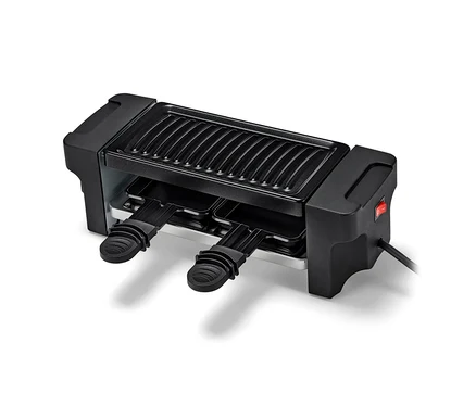 Yapışmaz yüzeyli ve iki tavalı 2 kişilik siyah raclette ızgara.