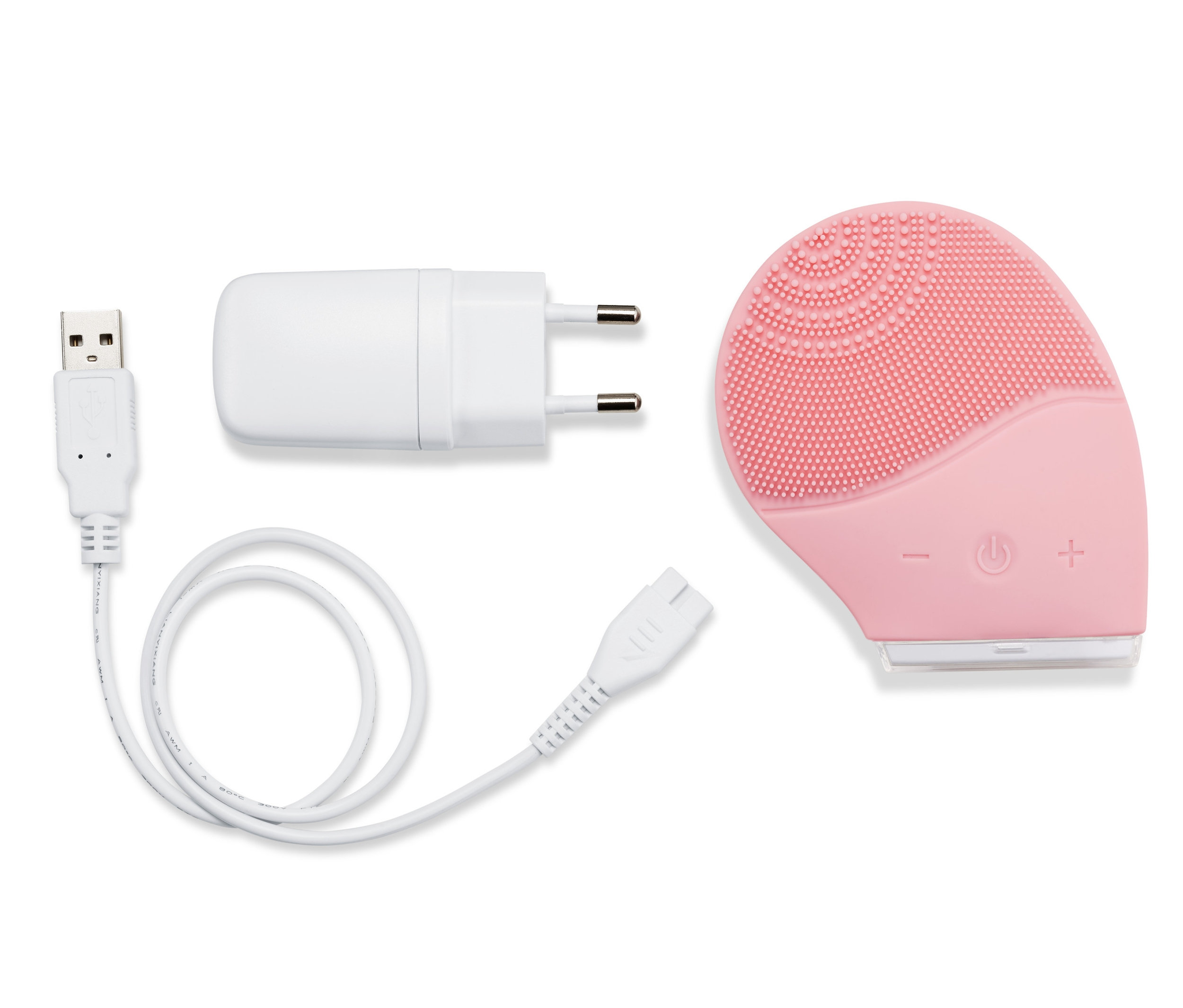 Pembe renkli elektrikli silikon yüz temizleme fırçası, şarj kablosu ve adaptörü ile birlikte.