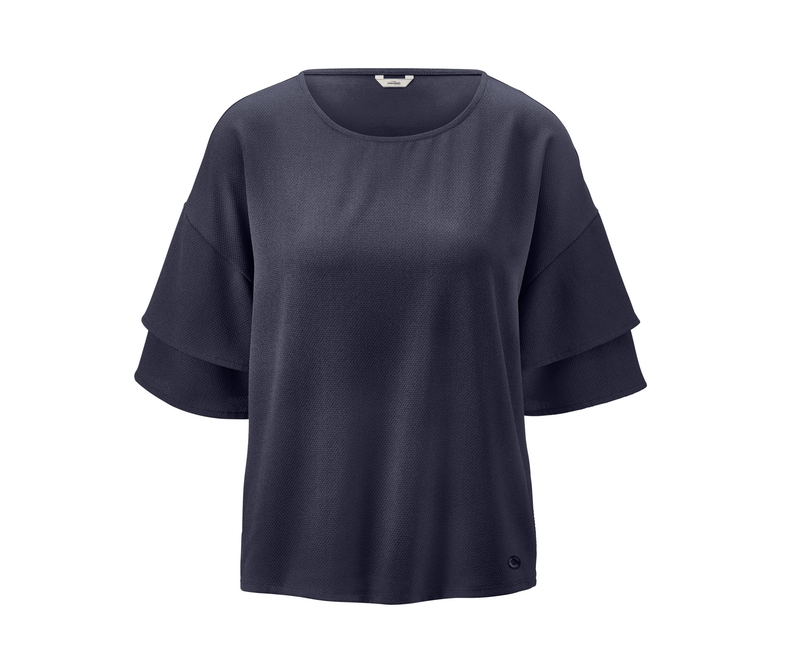 Mavi, kısa kollu, dokuma detaylı tişört.