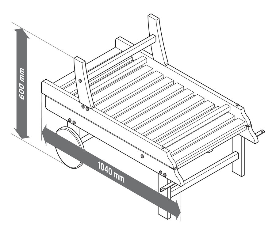 Ölçüleriyle birlikte bir bahçe şezlongu çizimi.