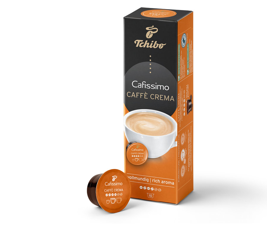 Bir paket Caffè Crema Rich Aroma ve bir adet Caffè Crema Rich Aroma kapsülü. 