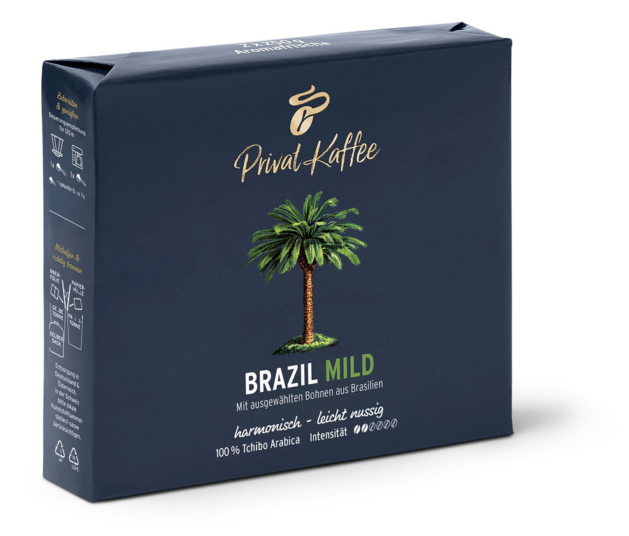 Bir paket Privat Kaffee Brazil Mild Öğütülmüş Filtre Kahve.