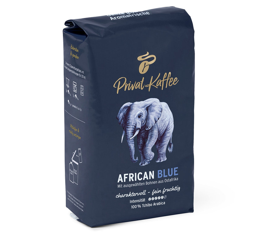 Fil resmi olan bir paket Privat Kaffee African Blue Çekirdek kahve.