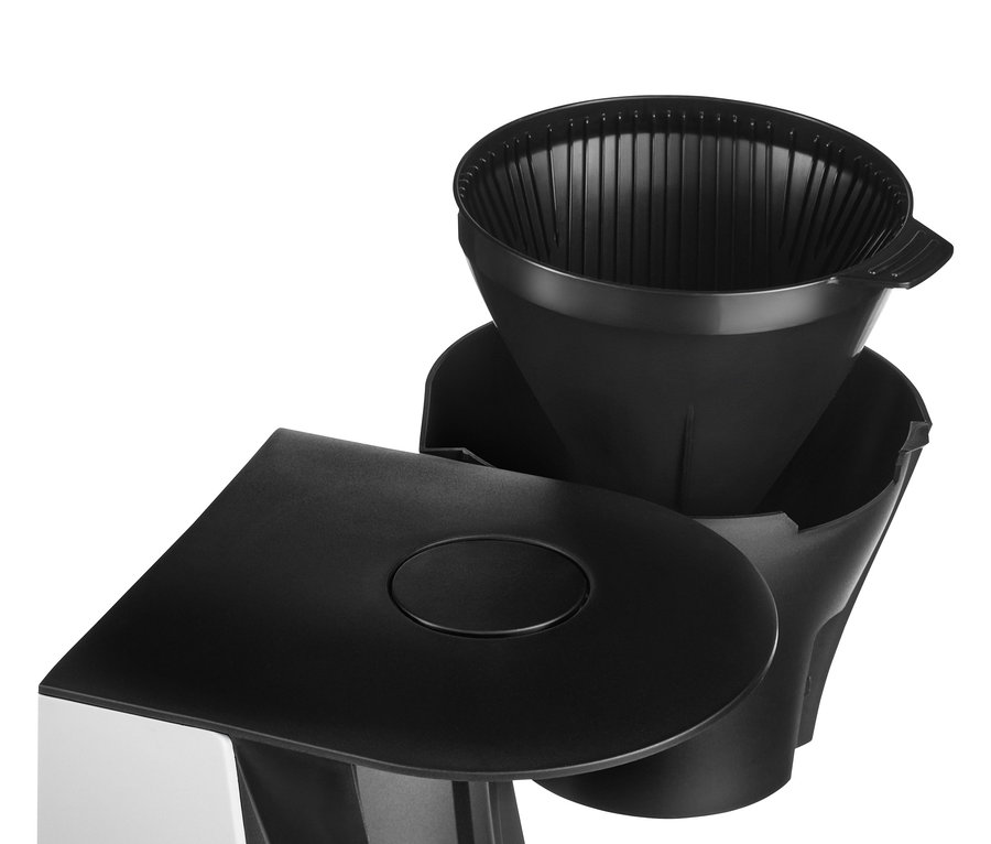 Beyaz »Let's Brew« Filtre Kahve Makinesinin yakın çekim detayı.