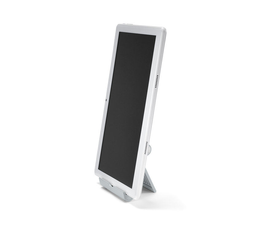 Beyaz tablet, Akıllı Telefon ve Tablet Standı üzerinde duruyor.