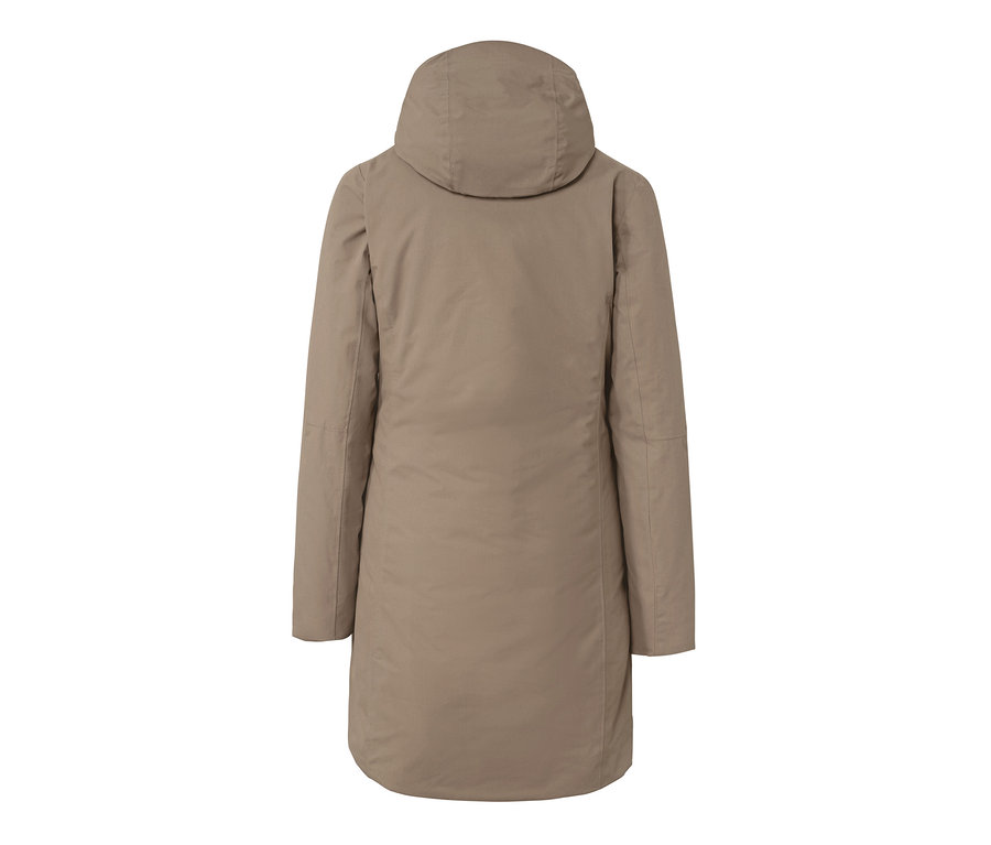 Bej rengi kadın termal montun arkadan görünümü.