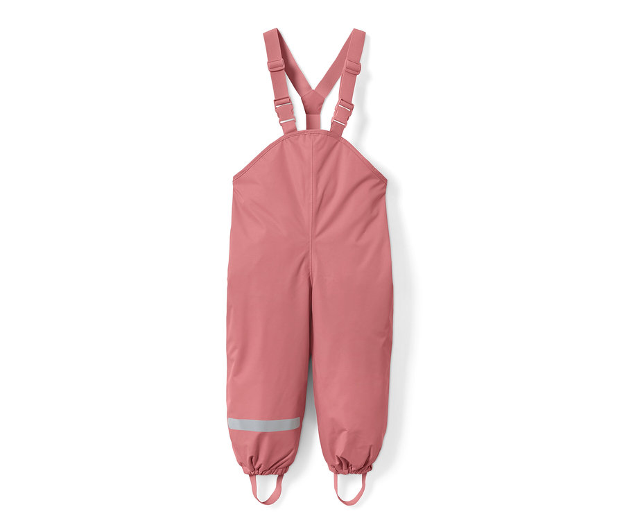 Koyu pembe, ayarlanabilir askılı çocuk termal yağmur pantolonu.