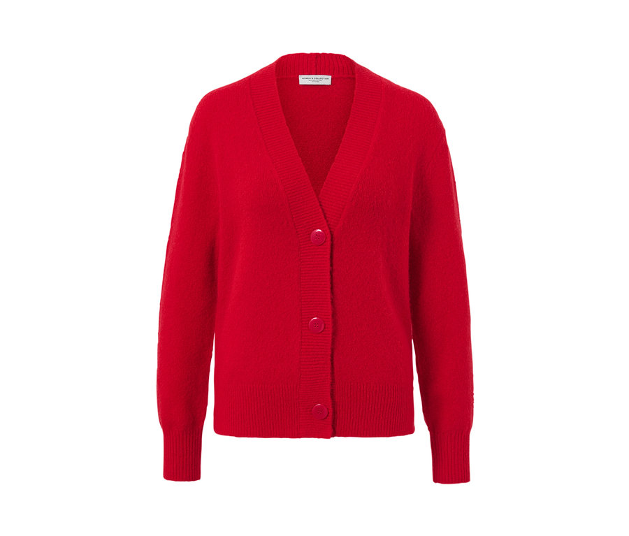 V yakalı, düğmeli, kırmızı örgü ceket.