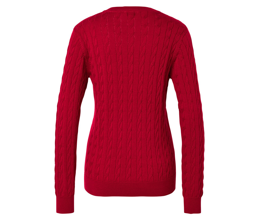 Kırmızı renkli, örgü desenli bir kazağın arka detayının görüntüsü.