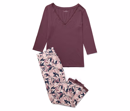 Çiçekli pantolonlu mor pijama takımı