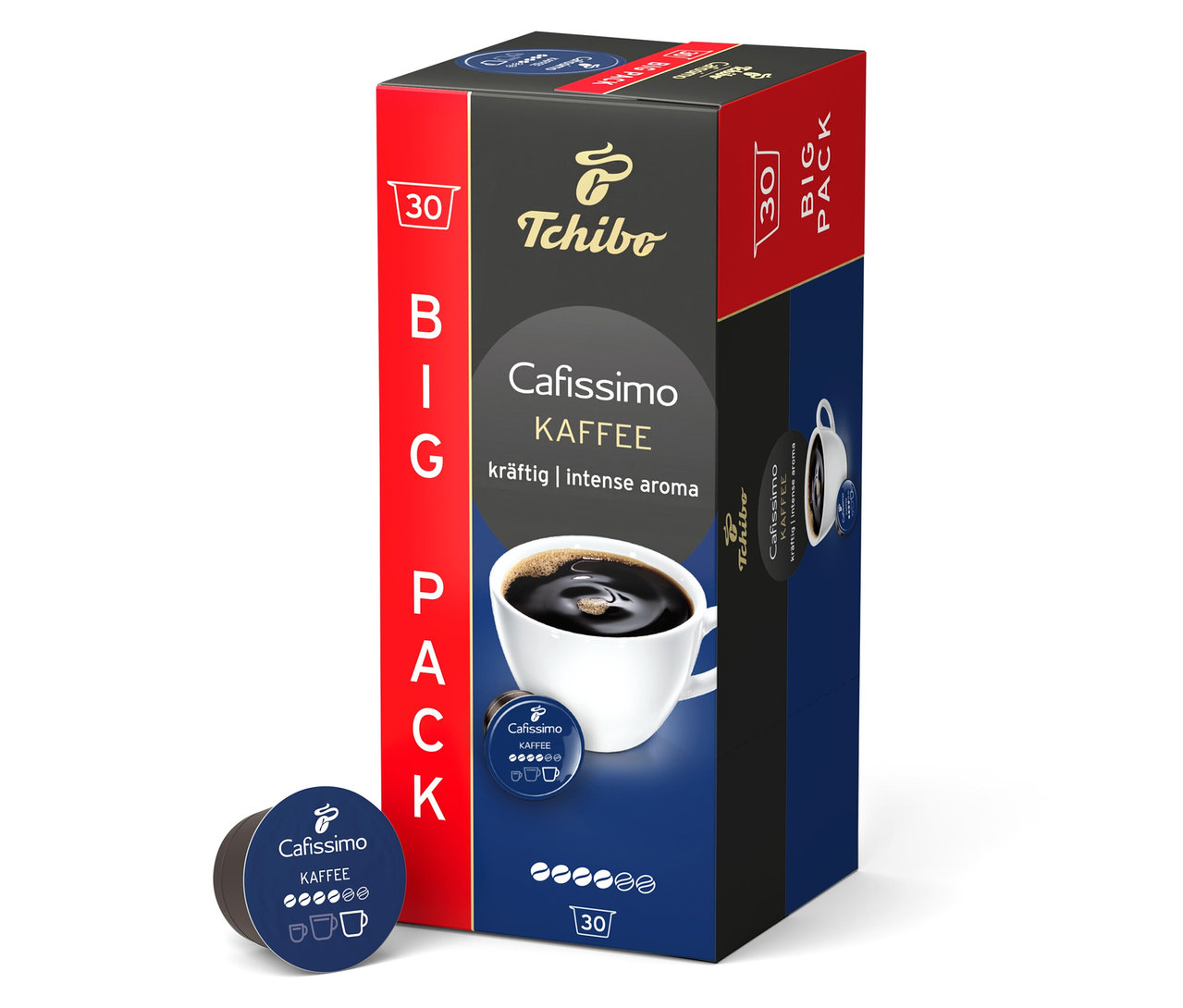 Tek bir kapsülün yanında Cafissimo Kahve Intense Aroma- 30 Kapsül paketi.