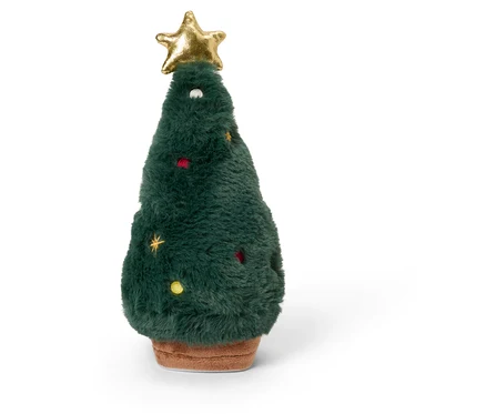 Kahverengi tabanlı ve üstünde altın yıldız olan peluş bir Noel ağacı.