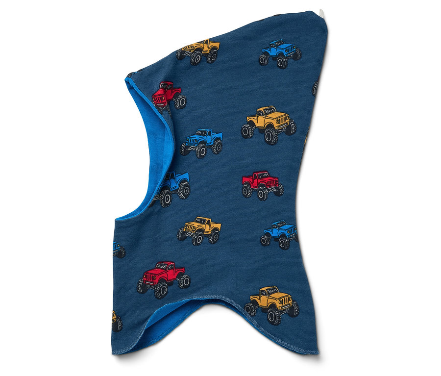 Renkli canavar kamyon baskılı mavi kar maskesi.