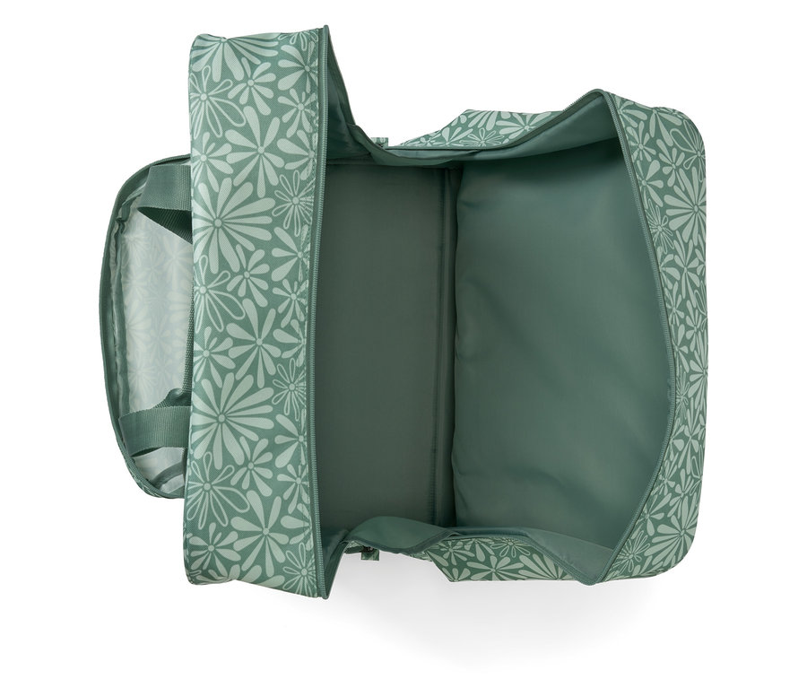 Yeşil çiçek desenli, açık dikiş makinesi çantası.