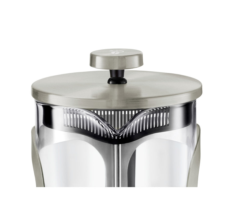 Gümüş rengi, 800 ml, 6 fincanlık French Press'in detayı.